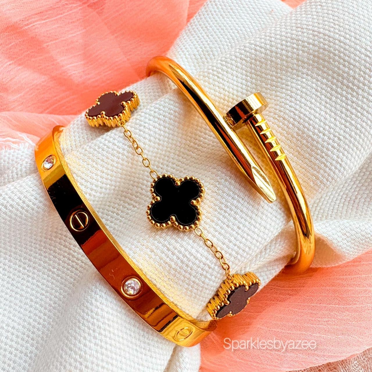 Set of 3 Bracelet Nail- Cartier- Black Clover (18K Gold Plated)